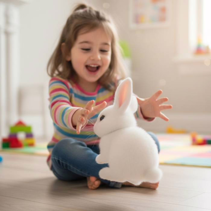 A child plays and cuddles the Rabsy bunny